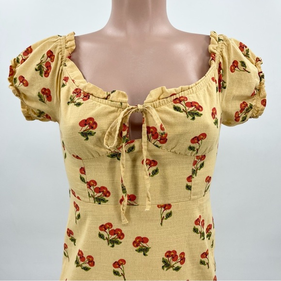 Urban Outfitters Magpie Yellow Cherry Off The Shoulder Cotton Mini Dress - Picture 6 of 12